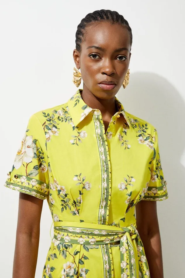 Dresses Women Karen Millen Cotton Sateen Floral Placed Print Woven Midi Shirt Dress Chartreuse