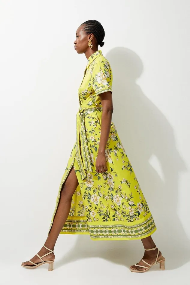 Dresses Women Karen Millen Cotton Sateen Floral Placed Print Woven Midi Shirt Dress Chartreuse