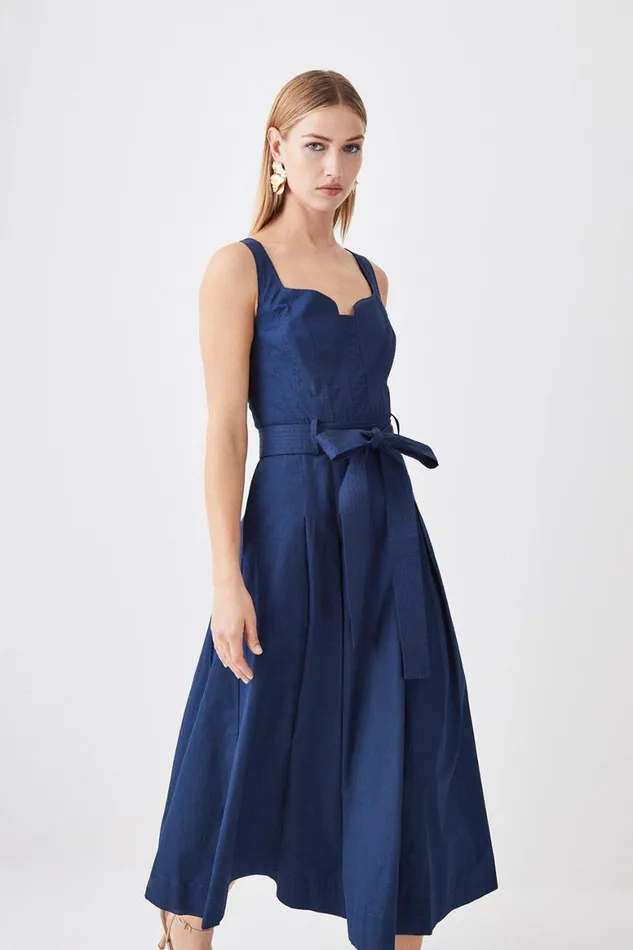 Dresses Women Karen Millen Cotton Sateen Strappy Belted Full Midi Dress Navy