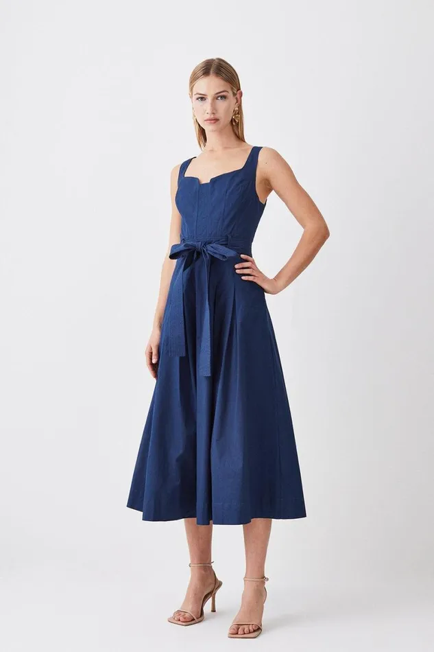 Dresses Women Karen Millen Cotton Sateen Strappy Belted Full Midi Dress Navy