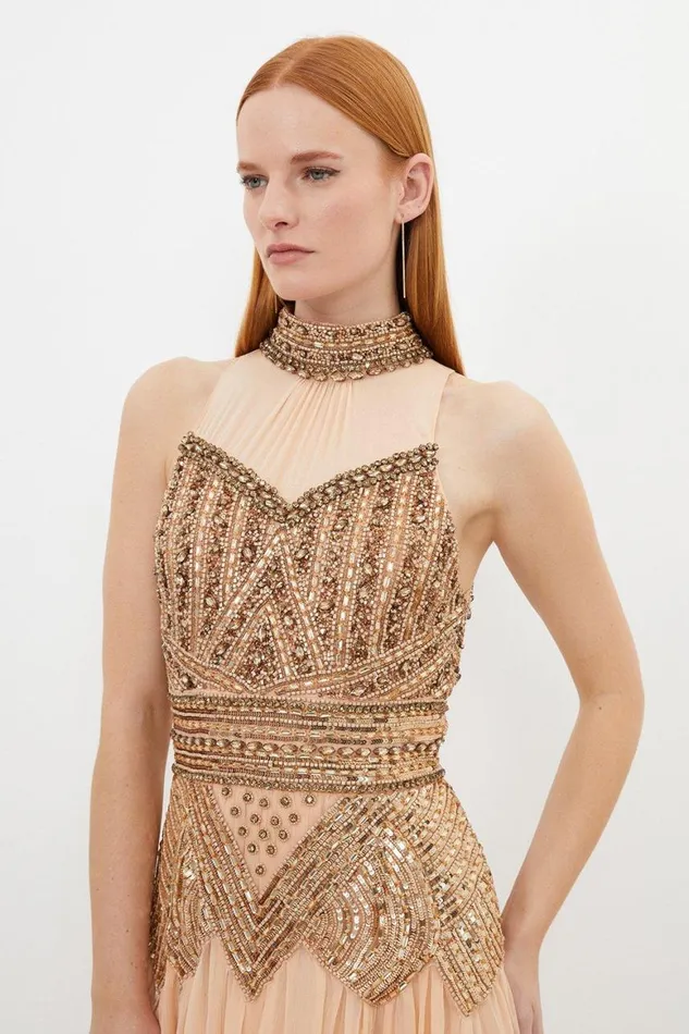 Dresses Women Karen Millen Crystal Embellished Godet Woven Maxi Dress Gold