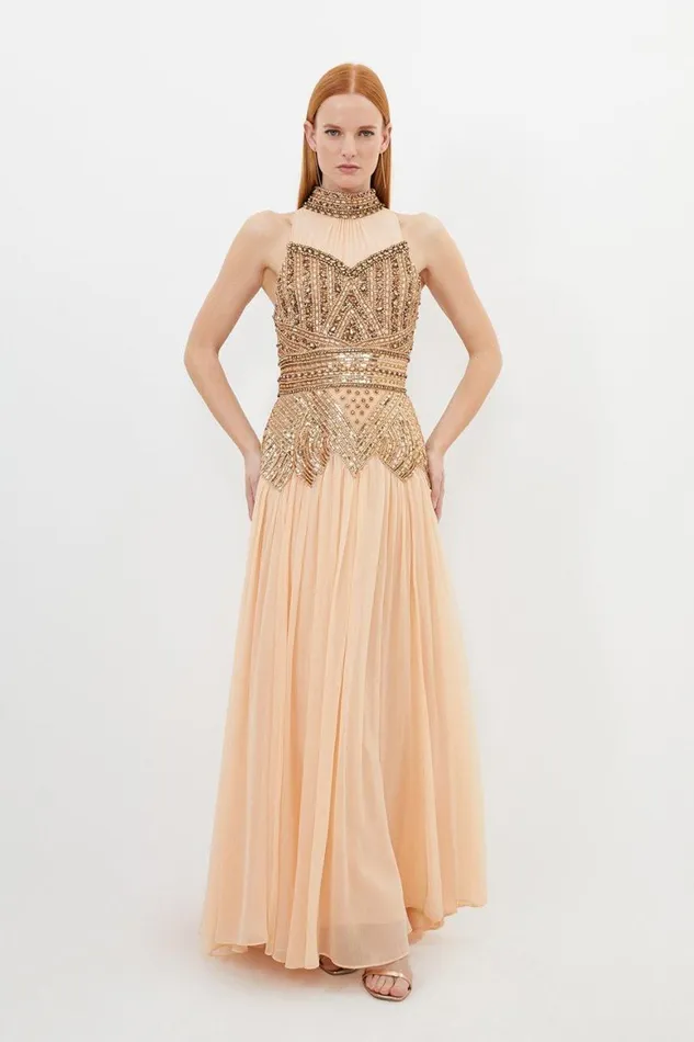 Dresses Women Karen Millen Crystal Embellished Godet Woven Maxi Dress Gold
