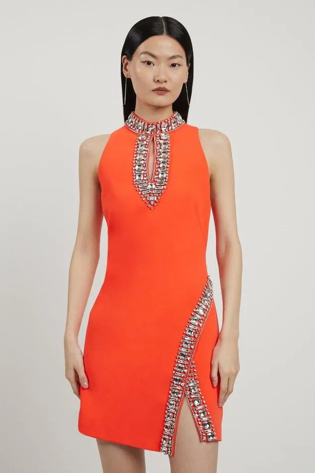Dresses Women Karen Millen Crystal Embellished Woven Mini Dress Tomato Red
