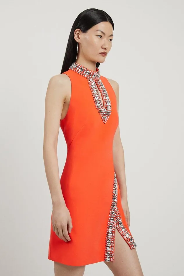 Dresses Women Karen Millen Crystal Embellished Woven Mini Dress Tomato Red