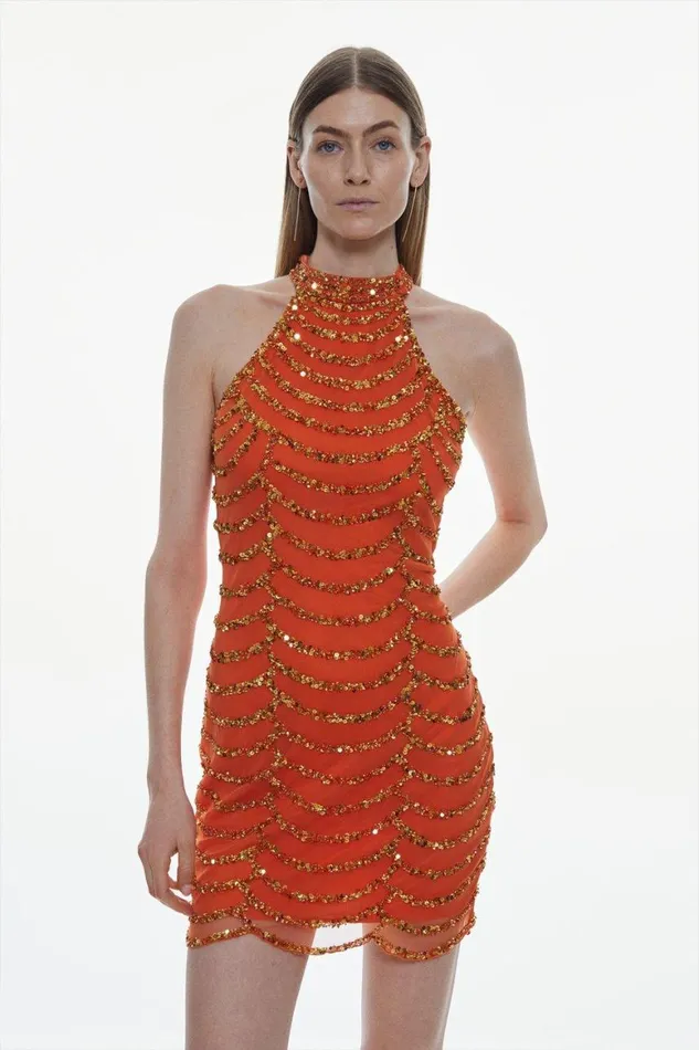 Dresses Women Karen Millen Draped Beaded High Neck Mini Dress Orange