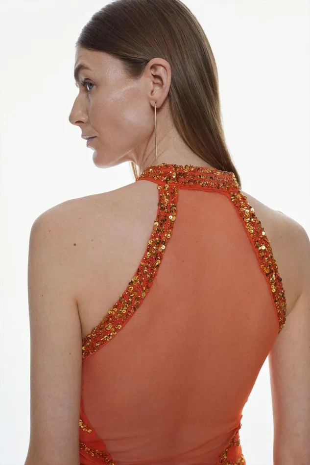 Dresses Women Karen Millen Draped Beaded High Neck Mini Dress Orange