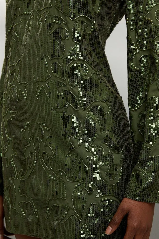 Dresses Women Karen Millen Embellished Applique Sequin Woven Mini Dress Khaki