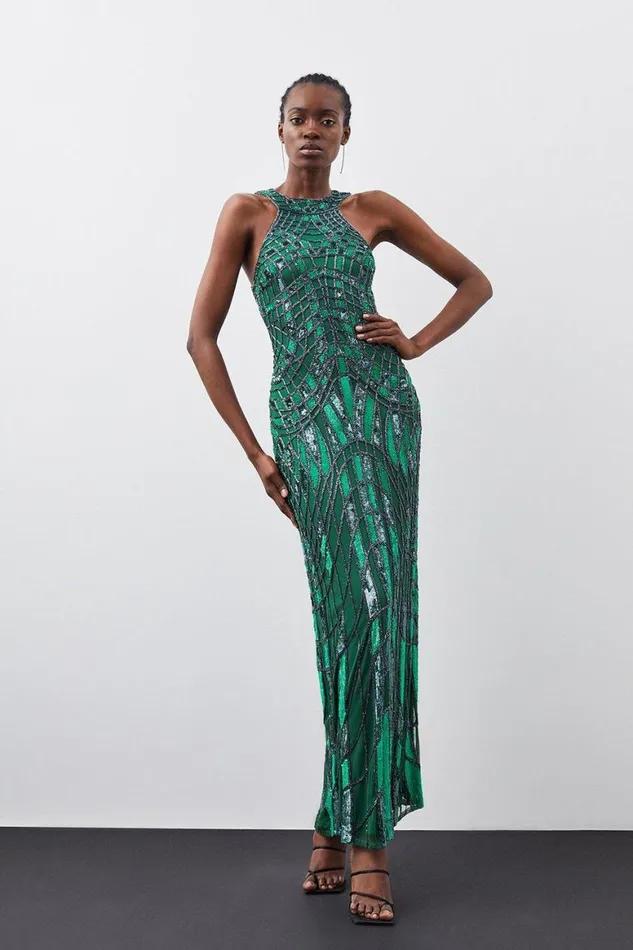 Dresses Women Karen Millen Embellished Geo Halter Woven Maxi Dress Green