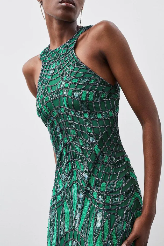 Dresses Women Karen Millen Embellished Geo Halter Woven Maxi Dress Green