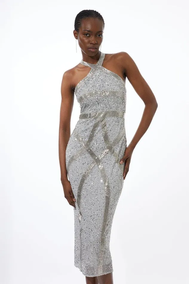 Dresses Women Karen Millen Embellished Woven Halter Midi Dress Silver