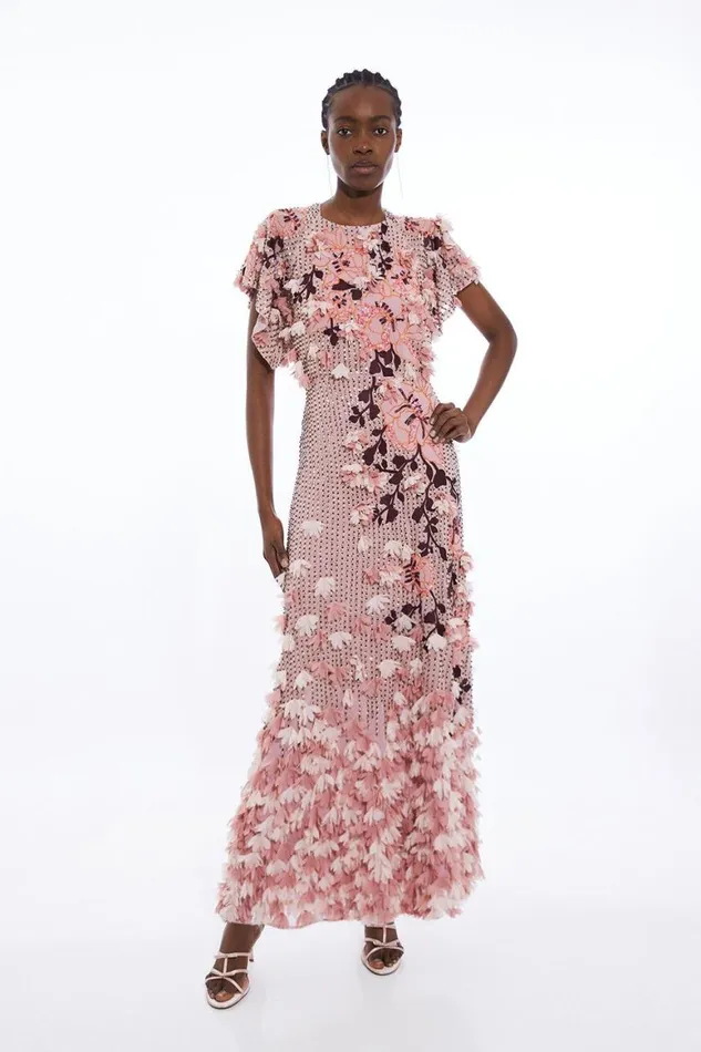 Dresses Women Karen Millen Embroidery And Applique Angel Sleeve Woven Maxi Dress Pink