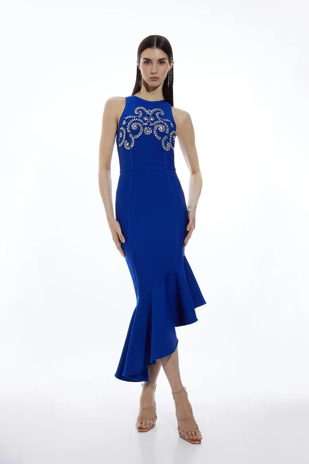 Dresses Women Karen Millen Figure Form Bandage Embellished Asymmetric Hem Knit Dress Cobalt