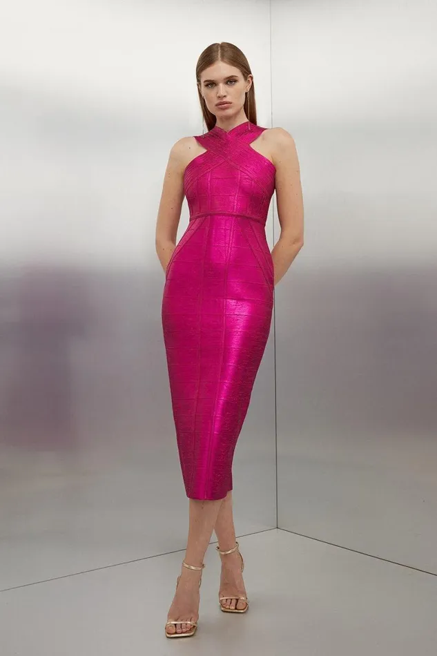 Dresses Women Karen Millen Figure Form Bandage Foiled Cross Front Knit Midi Dress Pink Dresses Women Karen Millen Figure Form Bandage Foiled Cross Front Knit Midi Dress Pink