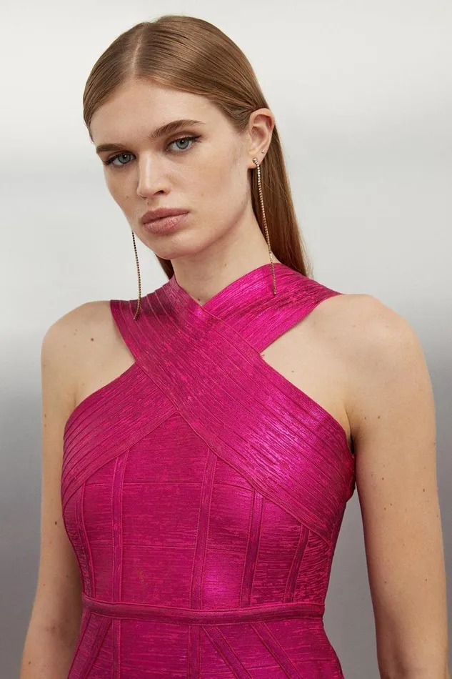 Dresses Women Karen Millen Figure Form Bandage Foiled Cross Front Knit Midi Dress Pink
