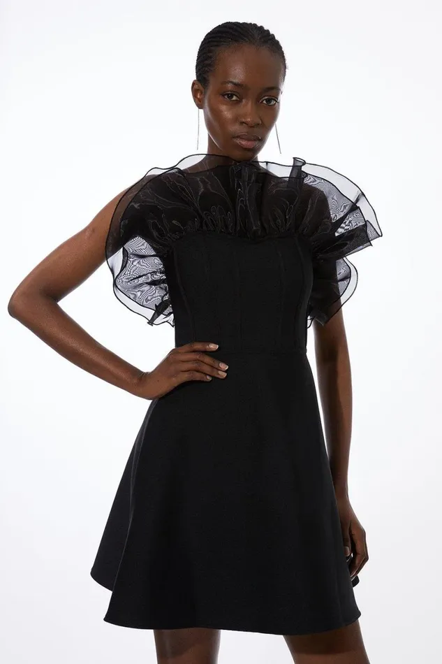Dresses Women Karen Millen Figure Form Bandage Knit Organza Frill Detail Mini Dress Black Dresses Women Karen Millen Figure Form Bandage Knit Organza Frill Detail Mini Dress Black