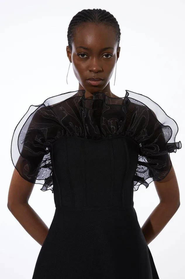Dresses Women Karen Millen Figure Form Bandage Knit Organza Frill Detail Mini Dress Black