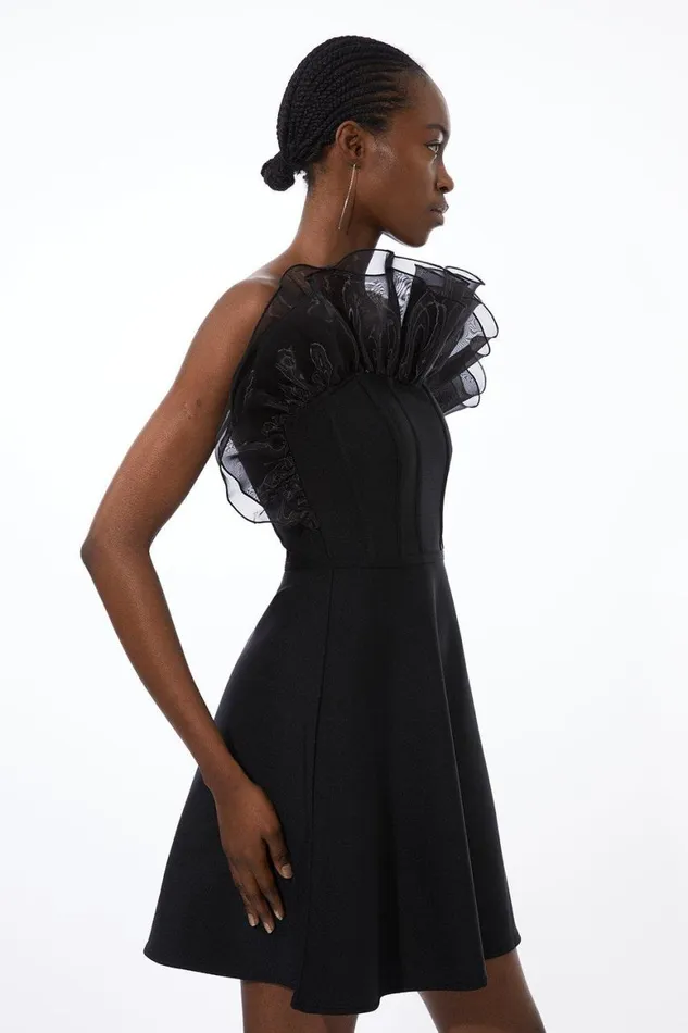 Dresses Women Karen Millen Figure Form Bandage Knit Organza Frill Detail Mini Dress Black
