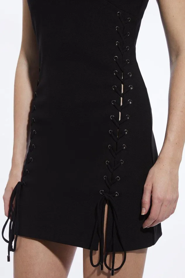 Dresses Women Karen Millen Figure Form Scuba Lace Up Woven Mini Dress Black