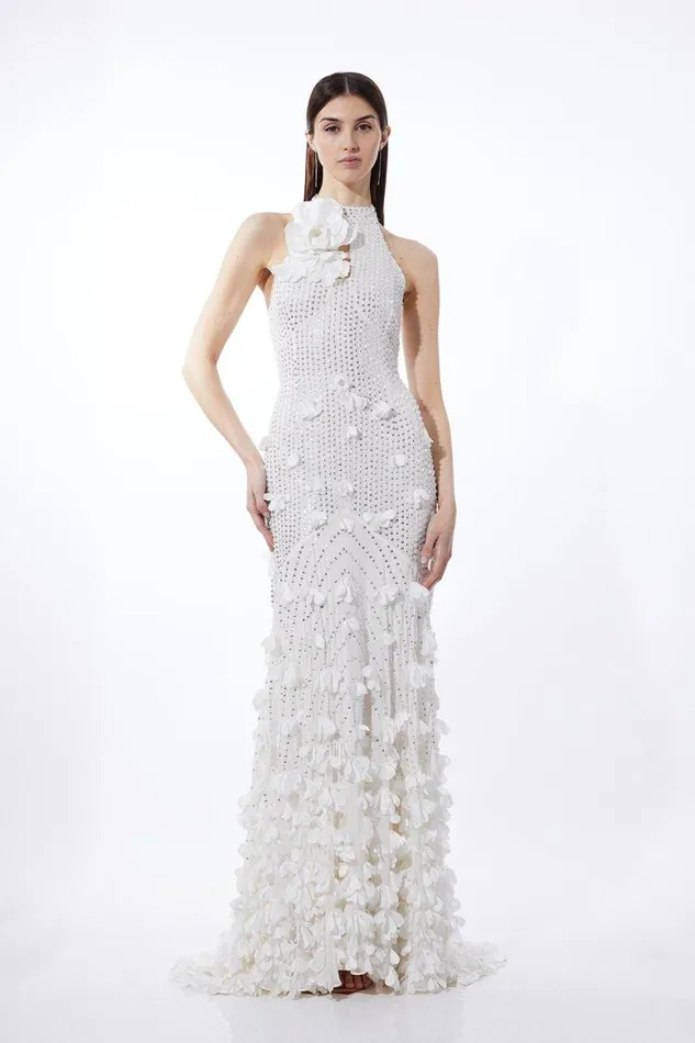 Dresses Women Karen Millen Floral Applique Crystal Embellished Woven Maxi Rosette Maxi Dress Ivory