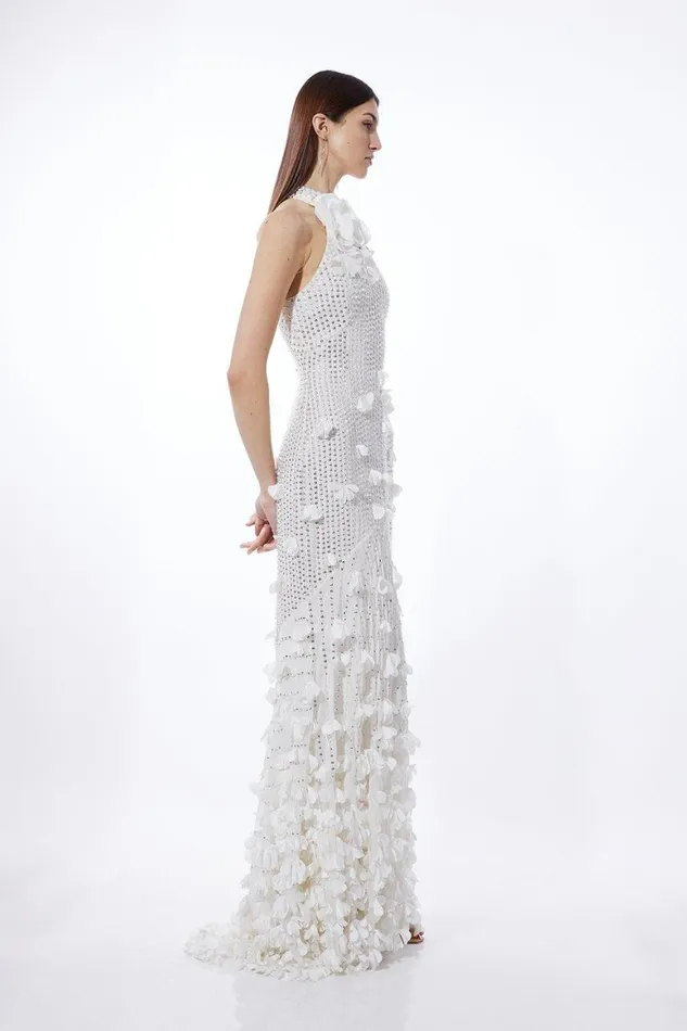 Dresses Women Karen Millen Floral Applique Crystal Embellished Woven Maxi Rosette Maxi Dress Ivory