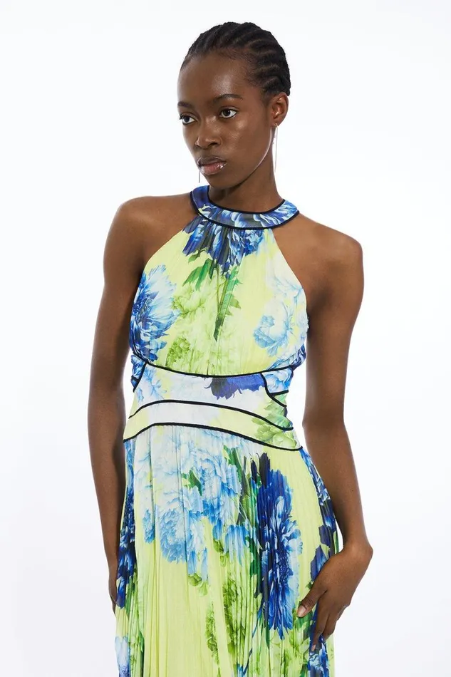 Dresses Women Karen Millen Floral Pleated Crinkle Halter Woven Maxi Dress Floral
