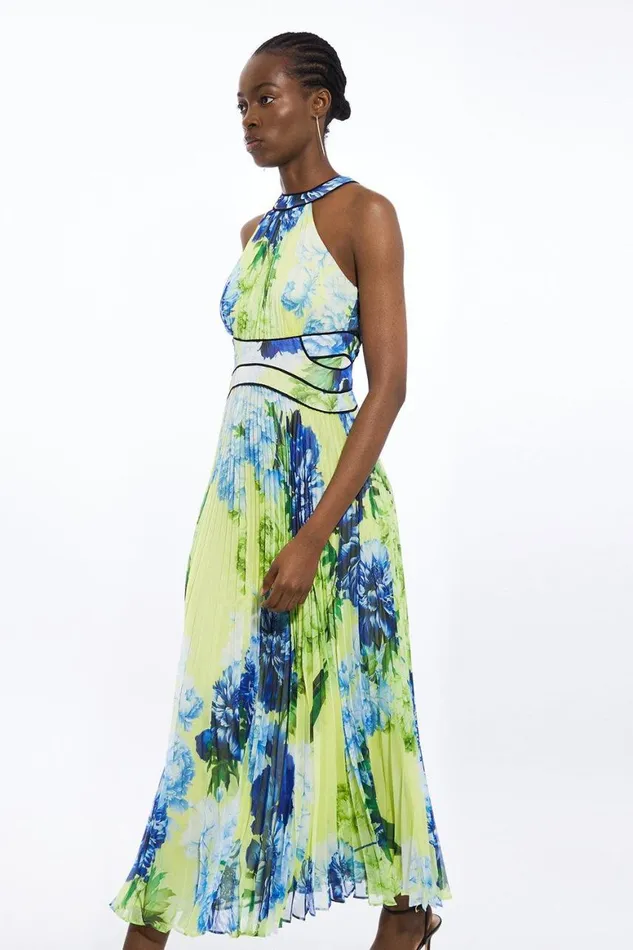 Dresses Women Karen Millen Floral Pleated Crinkle Halter Woven Maxi Dress Floral
