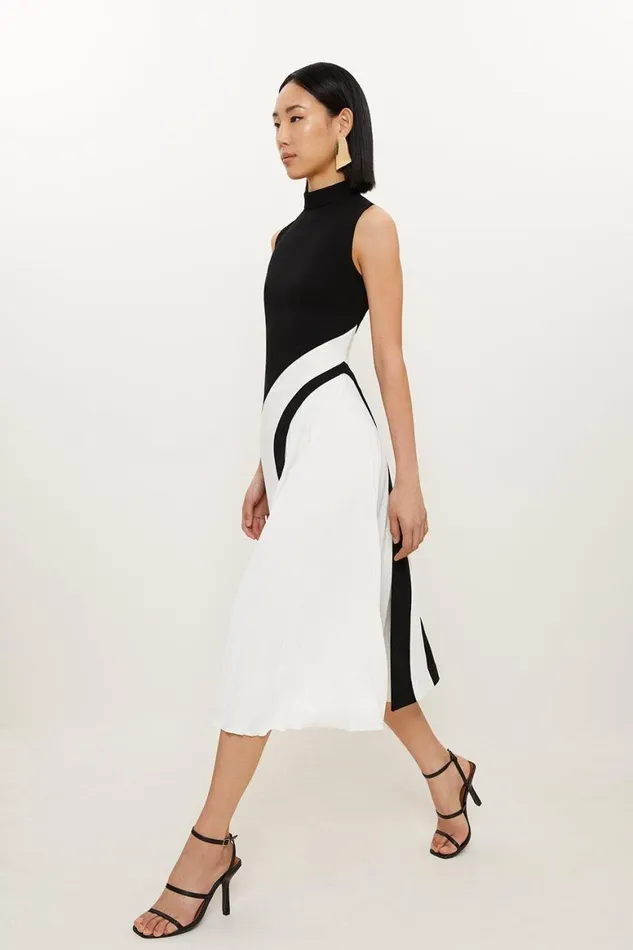 Dresses Women Karen Millen Fluid Tailored Colourblock High Neck Pleated Midi Dress Ivory