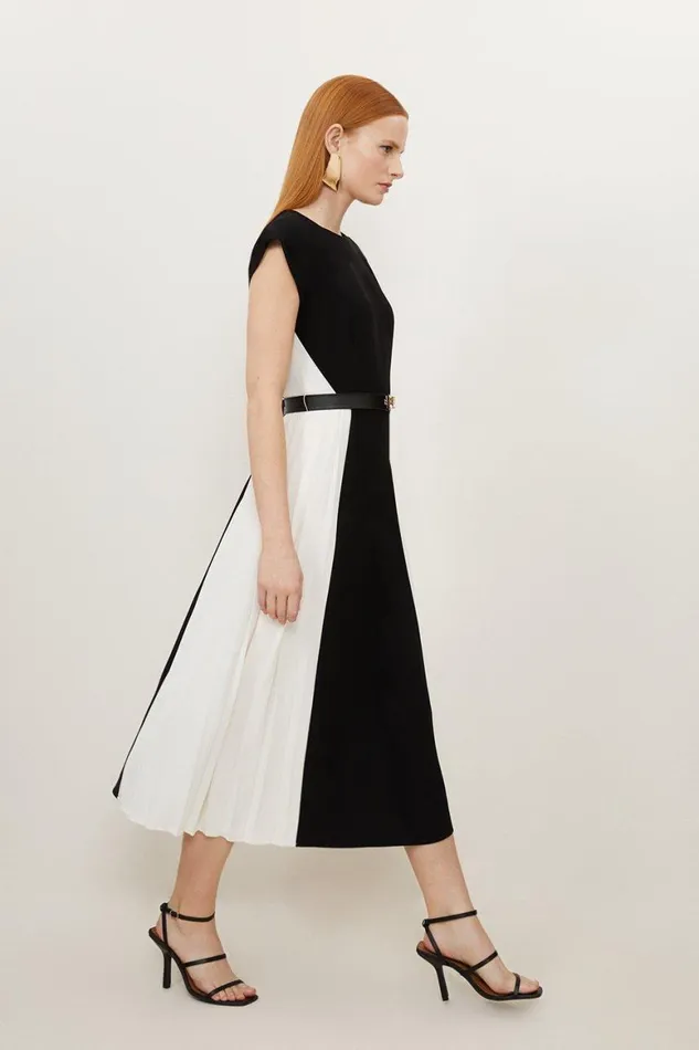 Dresses Women Karen Millen Fluid Tailored Contrast Pleated Panel Skirt Midi Dress Mono