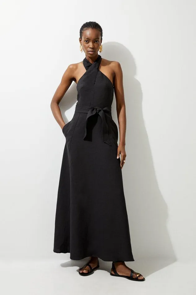 Dresses Women Karen Millen Fluid Tailored Halterneck Belted Maxi Dress Black
