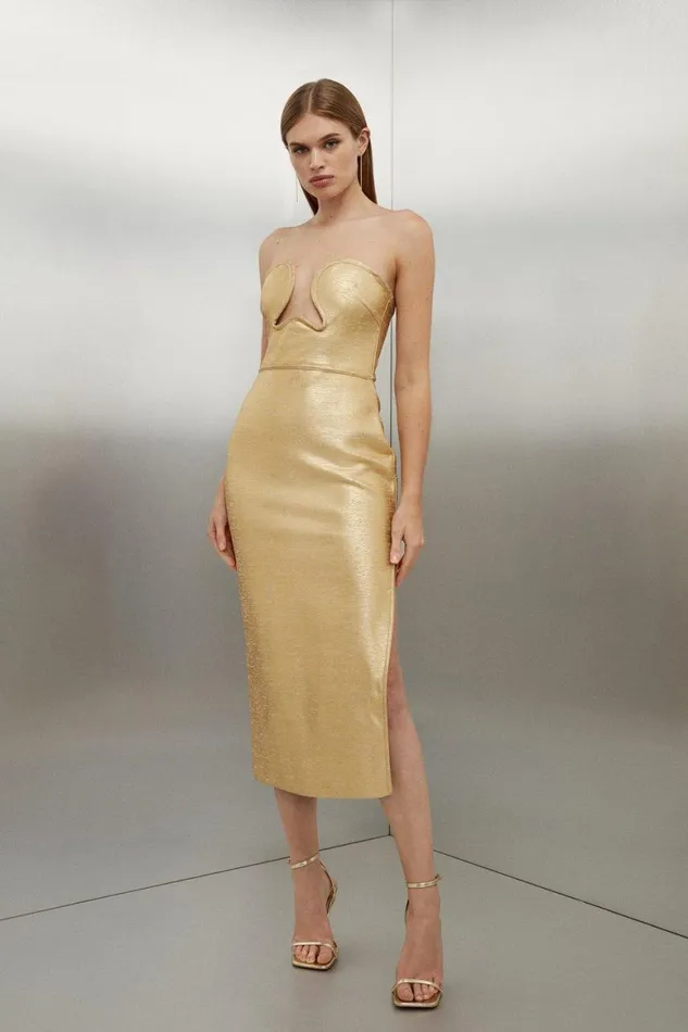 Dresses Women Karen Millen Foiled Figure Form Bandage Corset Detail Knit Midi Dress Gold Dresses Women Karen Millen Foiled Figure Form Bandage Corset Detail Knit Midi Dress Gold