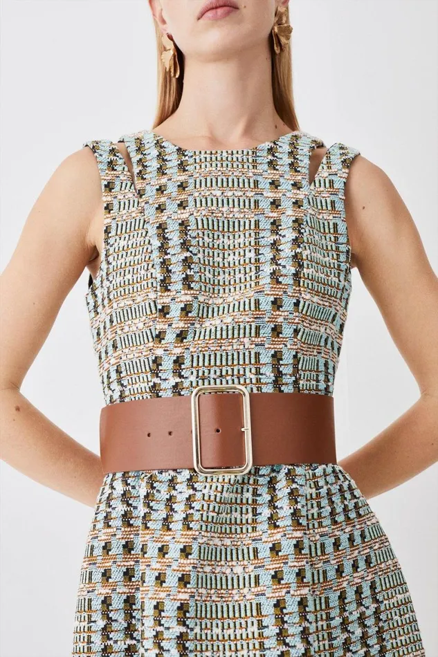 Dresses Women Karen Millen French Cotton Tweed Seam Detail Belted Midaxi Dress Multi
