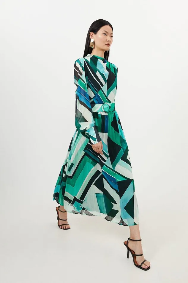 Dresses Women Karen Millen Geo Print Georgette Woven Long Sleeve Maxi Dress Green Dresses Women Karen Millen Geo Print Georgette Woven Long Sleeve Maxi Dress Green