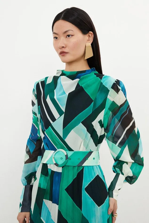 Dresses Women Karen Millen Geo Print Georgette Woven Long Sleeve Maxi Dress Green