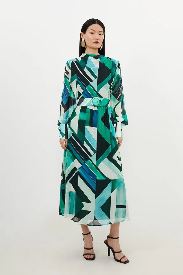 Dresses Women Karen Millen Geo Print Georgette Woven Long Sleeve Maxi Dress Green
