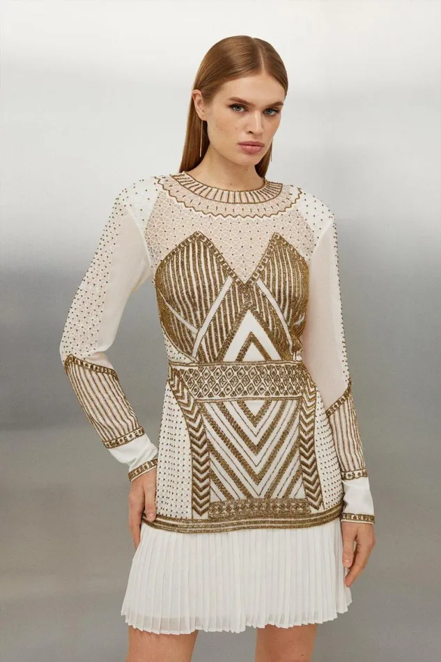 Dresses Women Karen Millen Gold Embellished Pleated Woven Mini Dress Gold
