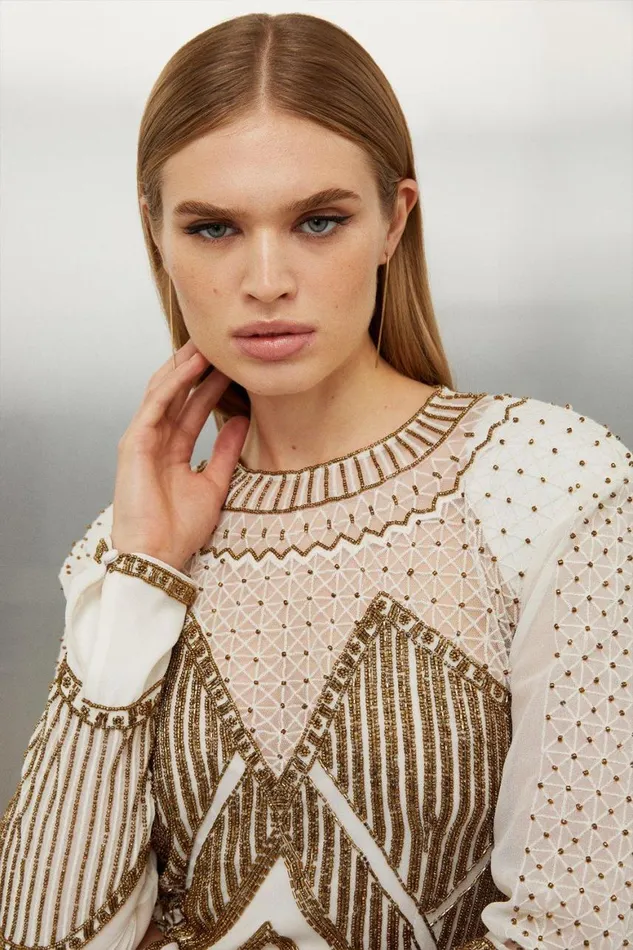 Dresses Women Karen Millen Gold Embellished Pleated Woven Mini Dress Gold