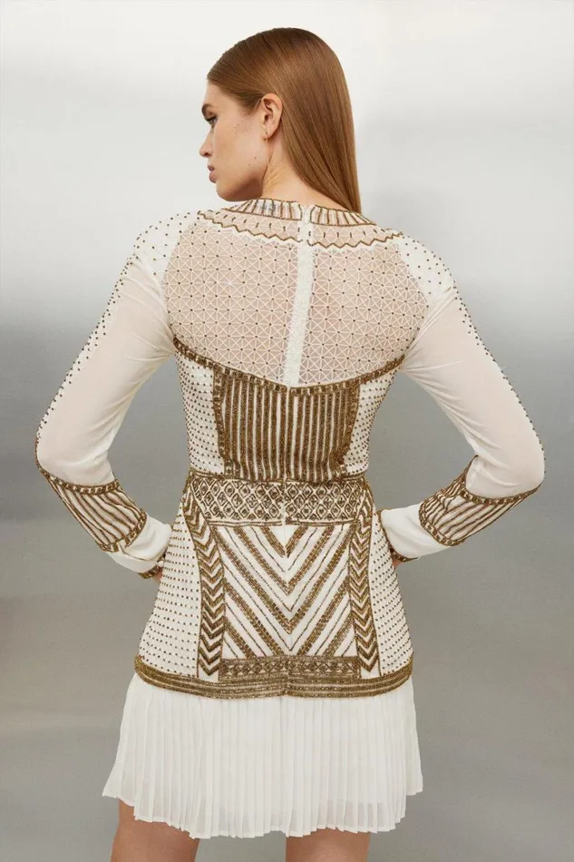 Dresses Women Karen Millen Gold Embellished Pleated Woven Mini Dress Gold