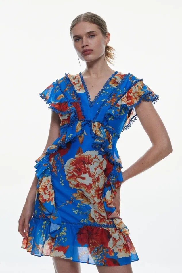 Dresses Women Karen Millen Graphic Lace Trim Floral Woven Mini Dress Floral
