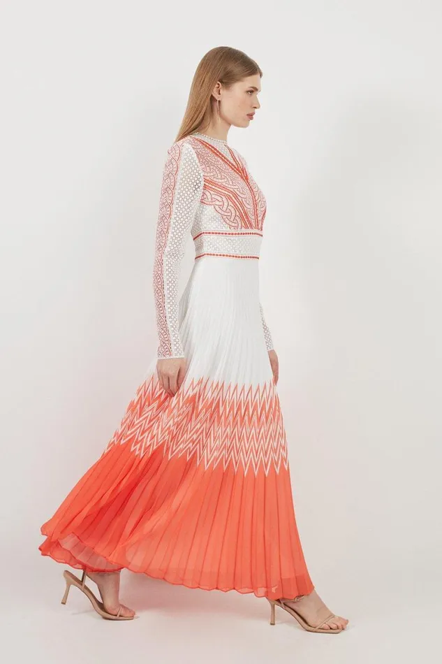 Dresses Women Karen Millen Guipure Lace Pleated Printed Woven Maxi Dress Coral
