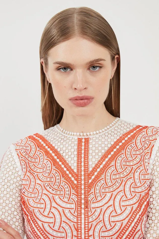 Dresses Women Karen Millen Guipure Lace Pleated Printed Woven Maxi Dress Coral