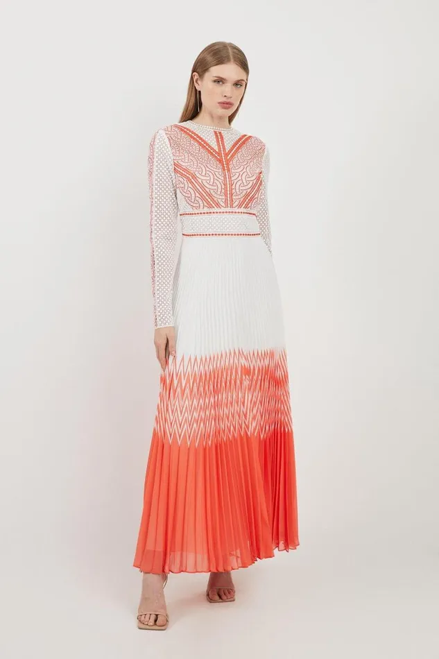 Dresses Women Karen Millen Guipure Lace Pleated Printed Woven Maxi Dress Coral