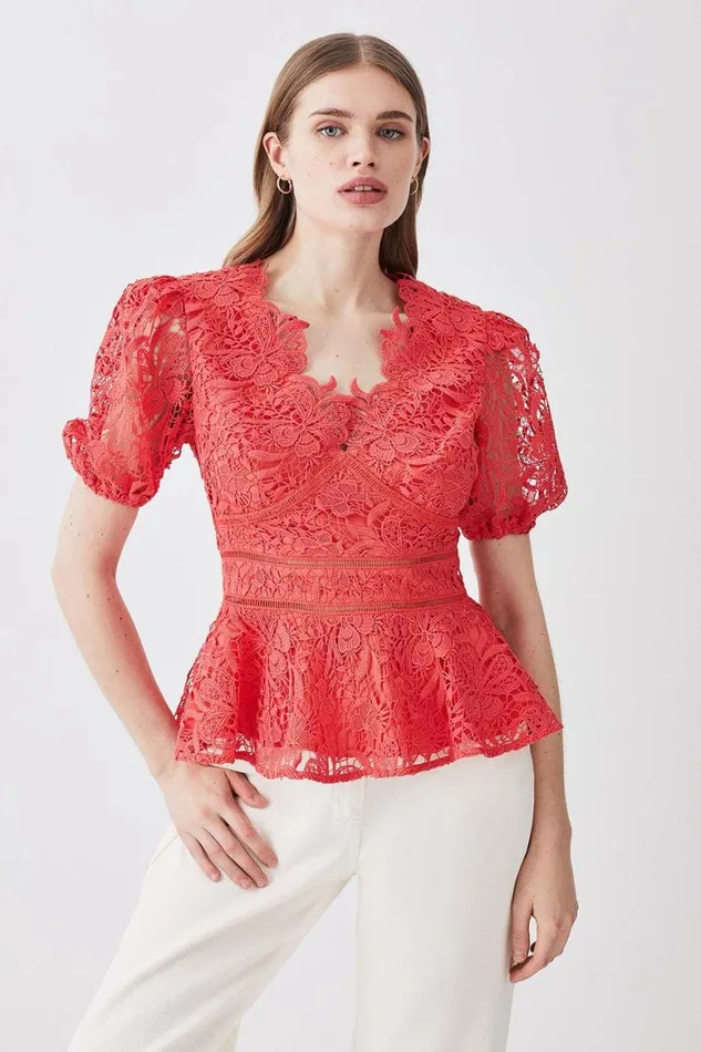 Dresses Women Karen Millen Guipure Lace V Neck Woven Top Coral