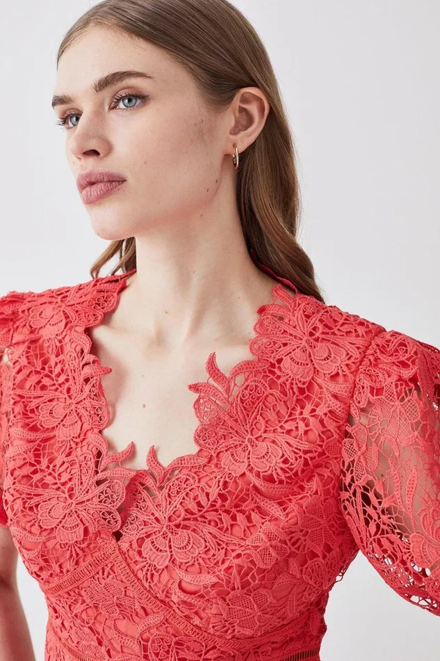 Dresses Women Karen Millen Guipure Lace V Neck Woven Top Coral