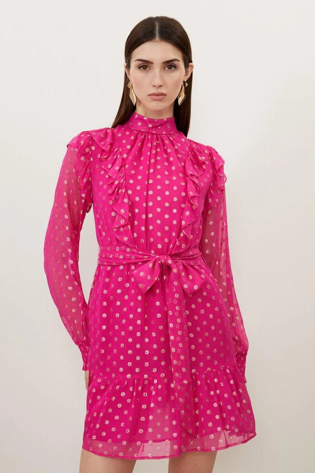 Dresses Women Karen Millen High Neck Metallic Viscose Georgette Woven Mini Dress Pink Dresses Women Karen Millen High Neck Metallic Viscose Georgette Woven Mini Dress Pink
