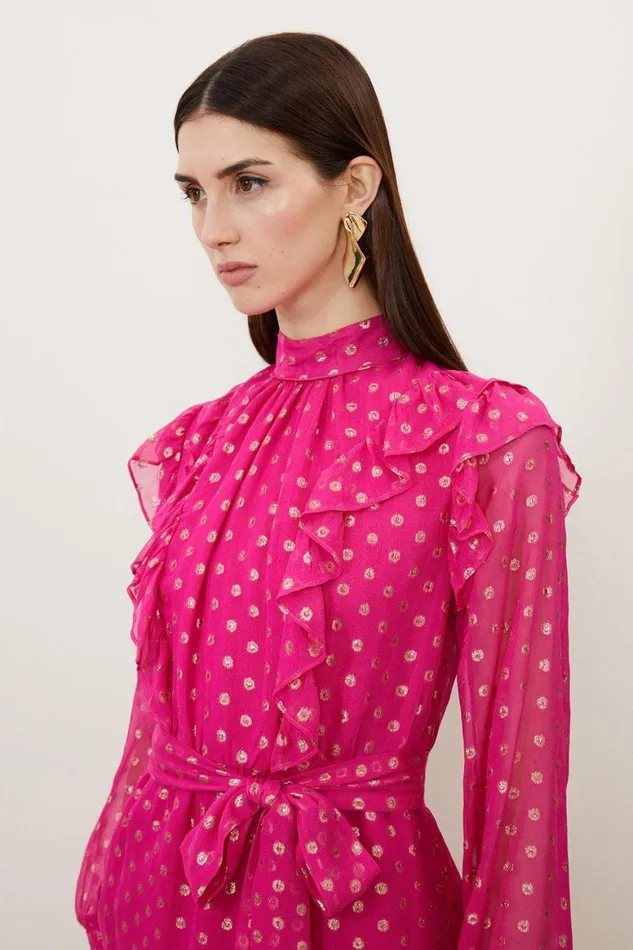Dresses Women Karen Millen High Neck Metallic Viscose Georgette Woven Mini Dress Pink