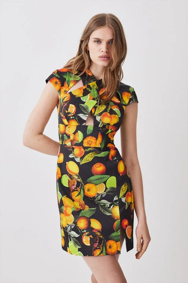 Dresses Women Karen Millen Italian Signature Citrus Print Cross Front Mini Dress Black Dresses Women Karen Millen Italian Signature Citrus Print Cross Front Mini Dress Black