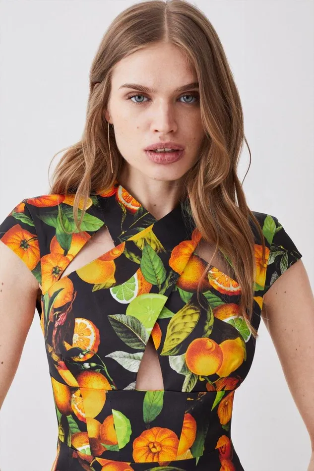 Dresses Women Karen Millen Italian Signature Citrus Print Cross Front Mini Dress Black