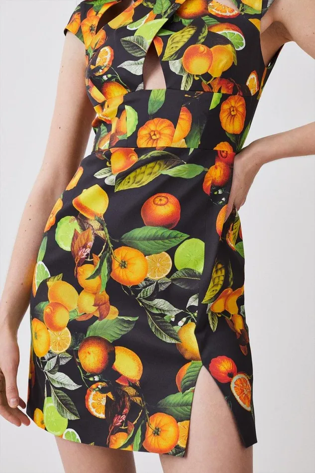 Dresses Women Karen Millen Italian Signature Citrus Print Cross Front Mini Dress Black