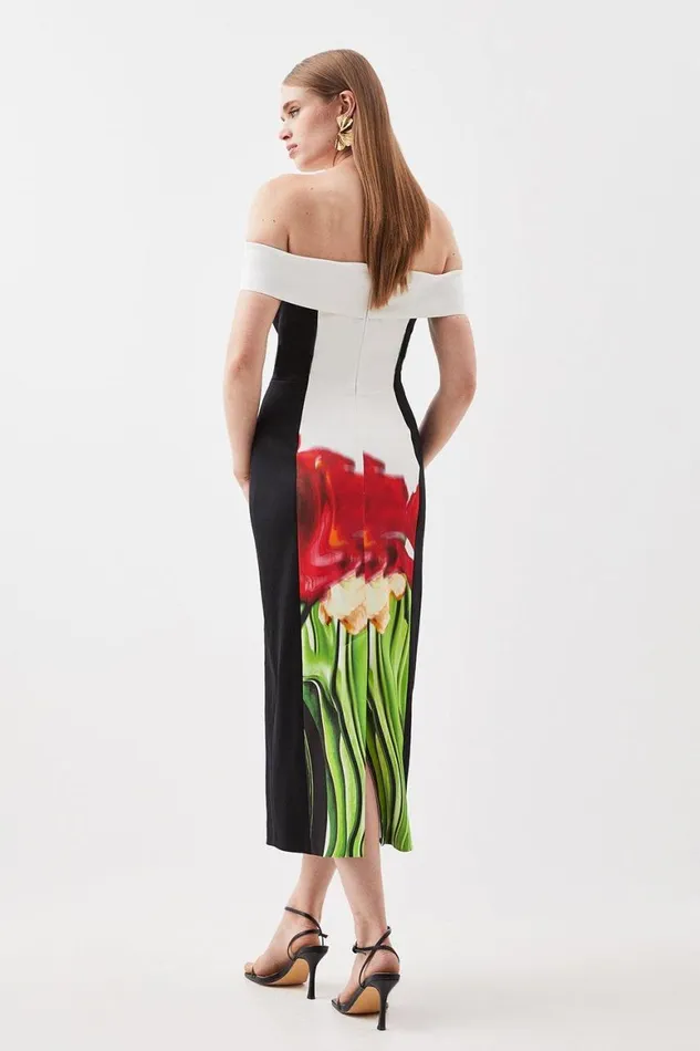 Dresses Women Karen Millen Italian Signature Stretch Bardot Blurred Floral Print Midi Dress Multi