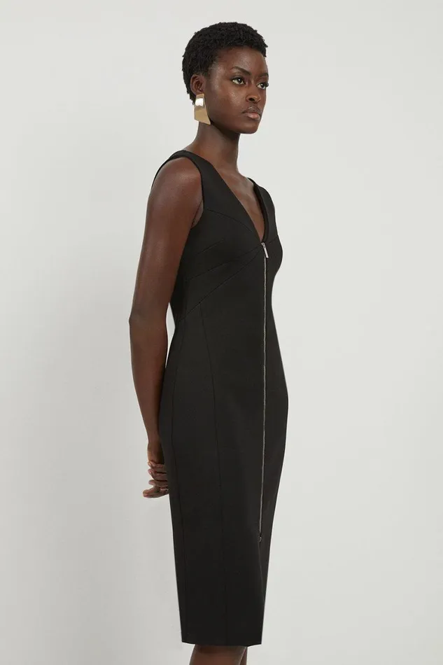 Dresses Women Karen Millen Italian Structured Stretch Zip Through Pencil Tailored Midaxi Dress Black